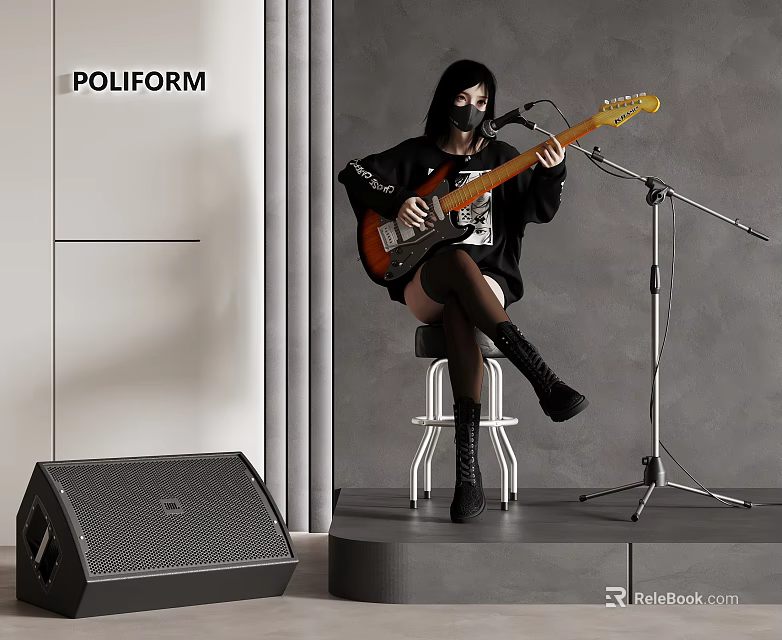 Man in Black Outfit Playing Guitar Sitting on Stool with Microphone Stand and Speaker 3d model 