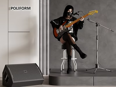 Man in Black Outfit Playing Guitar Sitting on Stool with Microphone Stand and Speaker 3d model