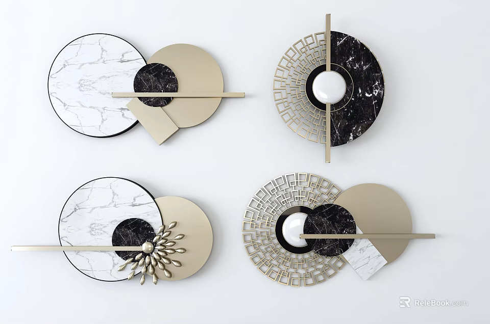 Modern Geometric Wall Decor With Marble Texture And Gold Frame Elements 3d model