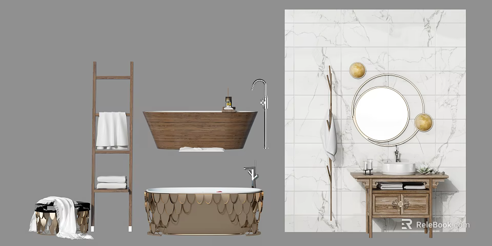 Wooden and Gold Fish Scale Bathtubs with Marble Wall Ladder Shelf and Round Mirror 3d model 