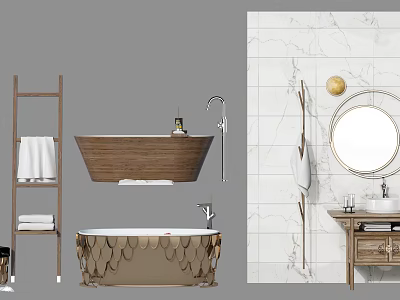 Wooden and Gold Fish Scale Bathtubs with Marble Wall Ladder Shelf and Round Mirror 3d model