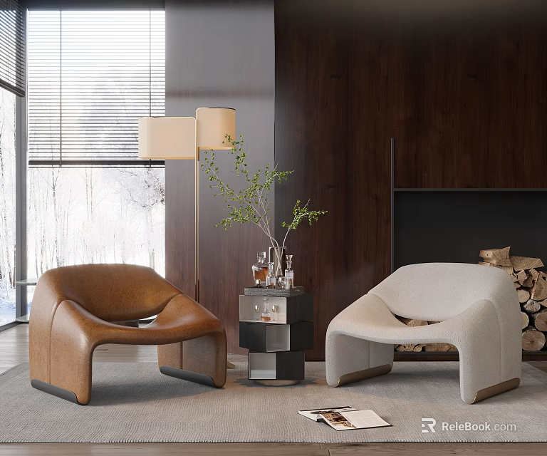 Leisure Sofa Set With Brown Leather Beige Fabric Chairs Coffee Table Floor Lamp And Fireplace 3d model 