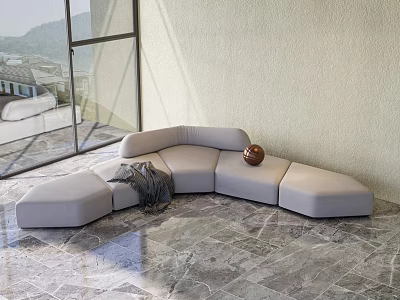 Light Gray Irregular Shaped Sofa With Blanket And Decorative Ball In Modern Living Room 3d model