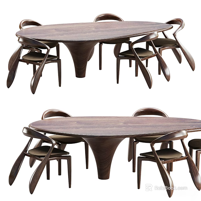 Modern Wooden Dining Table Set With Oval Top And Stylish Legs And Matching Chairs 3d model 
