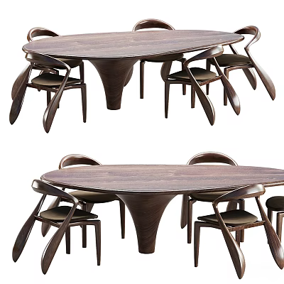 Modern Wooden Dining Table Set With Oval Top And Stylish Legs And Matching Chairs 3d model