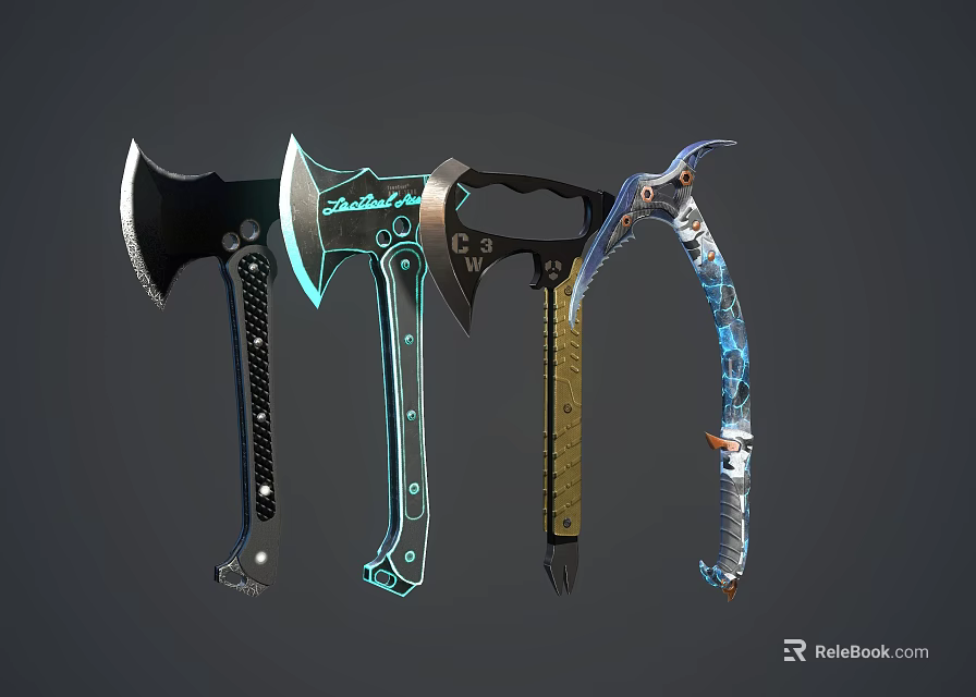 Assorted Modern Decorative Weapons with Axe Dagger Blade and Blue Accents 3d model 