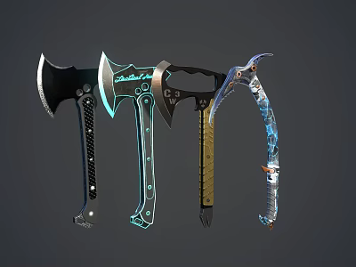 Assorted Modern Decorative Weapons with Axe Dagger Blade and Blue Accents 3d model