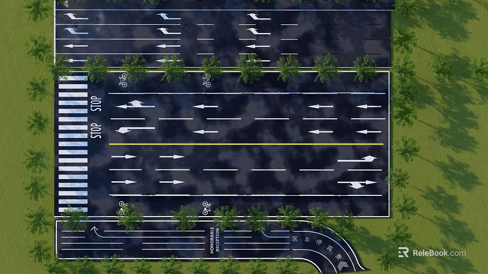 Road Traffic Infrastructure With Multiple Lanes Parking Areas Directional Arrows And Green Belts 3d model 