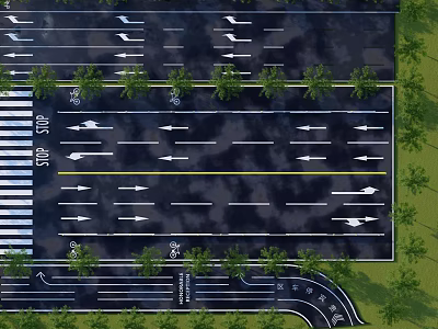 Road Traffic Infrastructure With Multiple Lanes Parking Areas Directional Arrows And Green Belts 3d model