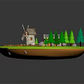 Cartoon Farm Scene With Windmill Red Barn Green Trees And Vegetable Patches