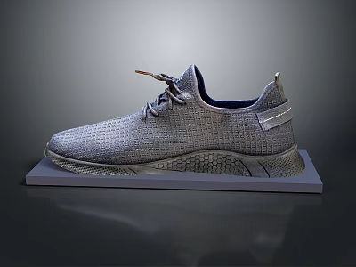 Gray Knit Sneakers With Lace Up Design And Textured Sole On Display Stand 3d model