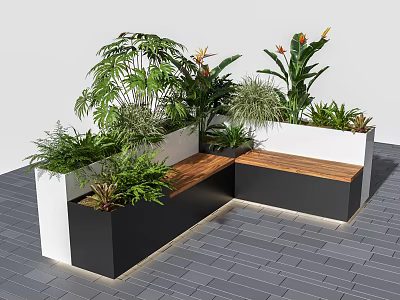Modern Outdoor Landscape Seating Design With Wooden Seats And Surrounding Green Plants 3d model