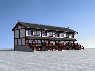 Traditional Chinese Two Story Building With Black Roof White Walls And Red Railings 3d model
