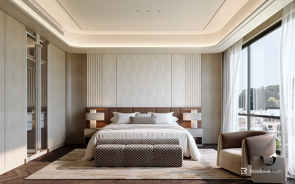 Modern Elegant Bedroom Interior With Large Bed Striped Headboard Wall And City View 3d model 