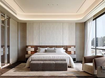 Modern Elegant Bedroom Interior With Large Bed Striped Headboard Wall And City View 3d model