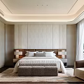 Modern Elegant Bedroom Interior With Large Bed Striped Headboard Wall And City View