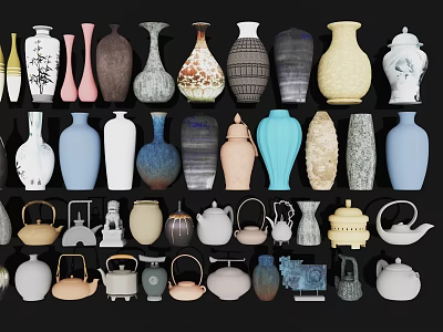 Diverse Ceramic Vessels Collection Featuring Vases Teapots and Jars in Various Colors and Shapes 3d model
