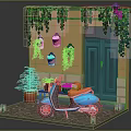 Lush Green Vines Decorate Yellow Wall With Blue Door And Potted Plant By Scooter