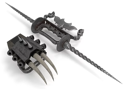Medieval Fantasy Weapons Featuring Twisted Blade Sword With Ornate Hilt And Spiked Metal Claws 3d model