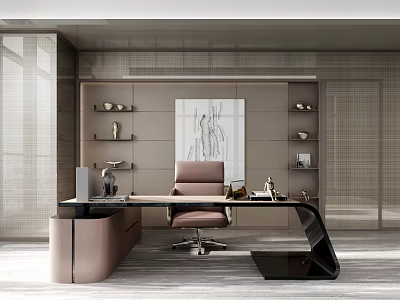 Modern Wooden Office Desk Interior Design With Leather Chair Wall Art And Side Shelves 3d model