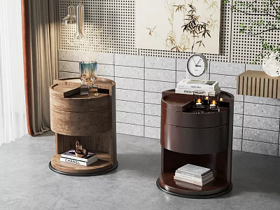 Modern Wooden Bedside Tables with Clock Books Glass and Storage Shelves 3d model