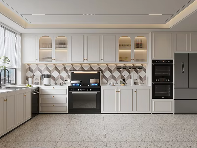 Modern Open Kitchen Interior With White Cabinets Black Appliances And Geometric Tile Backsplash 3d model
