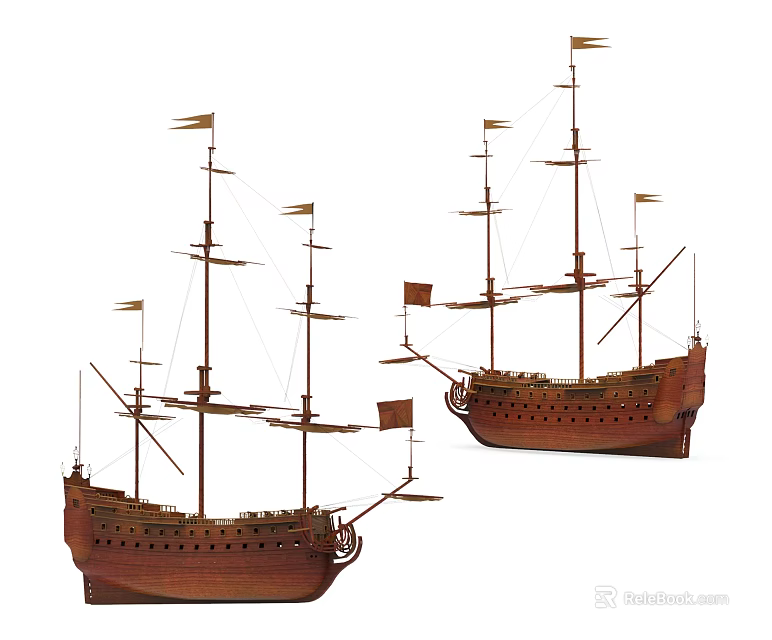 Two Detailed Wooden Sailboat Models With Tall Masts And Decorative Flags 3d model 