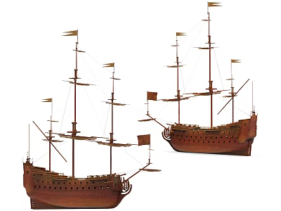 Two Detailed Wooden Sailboat Models With Tall Masts And Decorative Flags 3d model