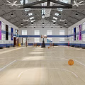 Indoor Basketball Court With Wooden Floor Basketball Hoop Colorful Banners And Ceiling Lights 3d model