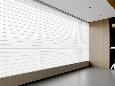 White Window Blinds In Modern Interior With Wooden Wall And Open Space Design 3d model
