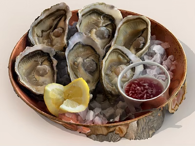 Fresh Oysters Served On Copper Plate With Ice Lemon Slices And Red Sauce 3d model