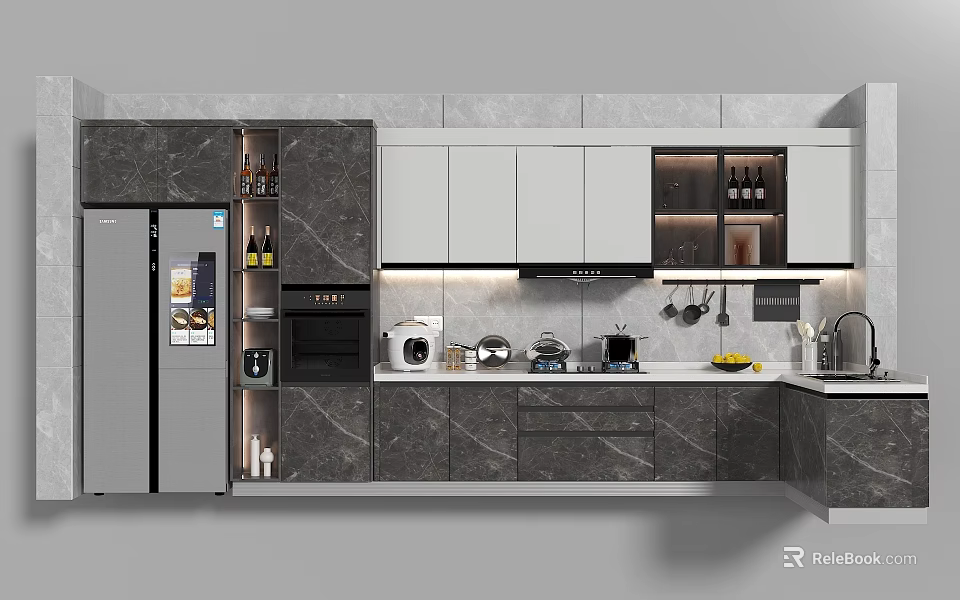 Modern Kitchen Interior With Gray Cabinets Appliances Countertop And Hanging Cooking Utensils 3d model 