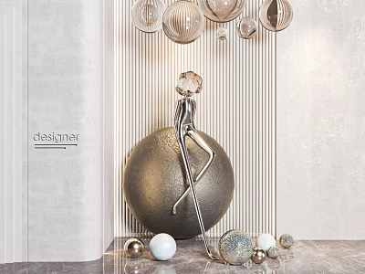 Modern Metallic Sculpture With Human Figure On Large Sphere And Decorative Spheres In Modern Interior 3d model