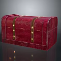 Vintage Red Clothing Storage Trunk With Golden Metal Straps And Buckles