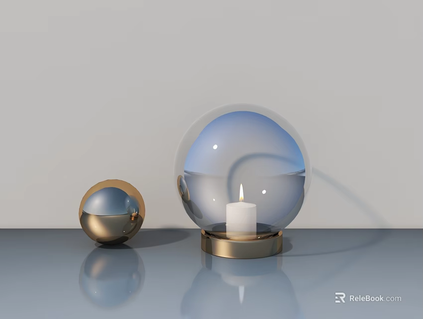 Modern Transparent Globe Table Lamp With Gold Base Lit Candle And Small Gold Sphere 3d model 