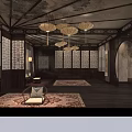 Traditional Chinese Living Room Interior With Wooden Structure Lanterns Screens Carpets And Furniture