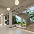Modern Reception Area With Curved White Desk Wooden Ceiling And Tropical Plant Views