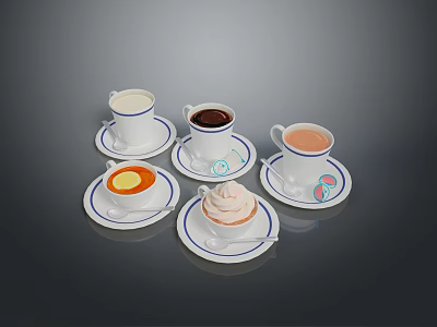 Household Kitchen Items Coffee Cups Saucers With Blue Rim And Cream Dessert 3d model