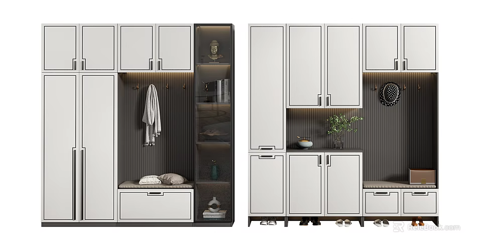 Modern White Shoe Cabinet Design With Storage Coat Hanger And Decorative Elements 3d model