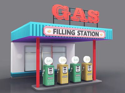 Cartoon Gas Filling Station With Green Yellow Pumps Blue White Striped Roof And Red Pillars 3d model