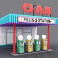 Cartoon Gas Filling Station With Green Yellow Pumps Blue White Striped Roof And Red Pillars