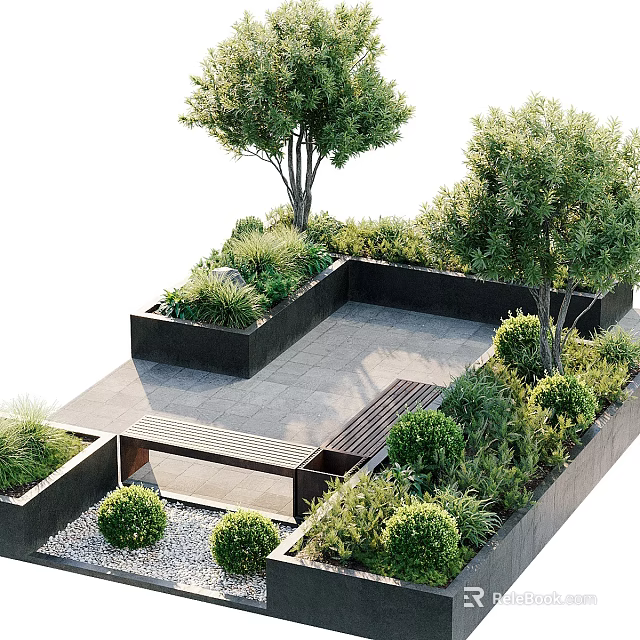 Shrubs in Modern Courtyard Landscape with Planter Boxes Stone Patio and Bench 3d model 