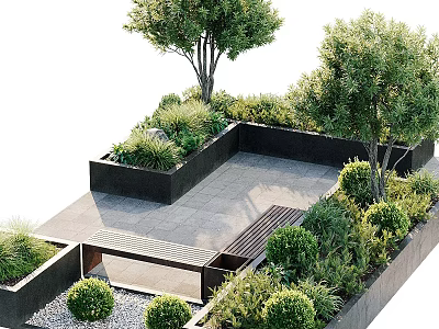 Shrubs in Modern Courtyard Landscape with Planter Boxes Stone Patio and Bench 3d model