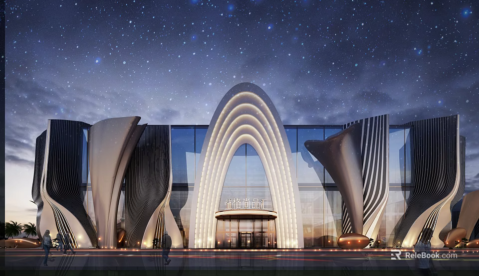 Modern Architectural Facade Design With Curved Arches Glass Curtain Wall And Lighting Effects 3d model 