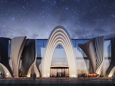 Modern Architectural Facade Design With Curved Arches Glass Curtain Wall And Lighting Effects 3d model
