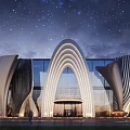 Modern Architectural Facade Design With Curved Arches Glass Curtain Wall And Lighting Effects