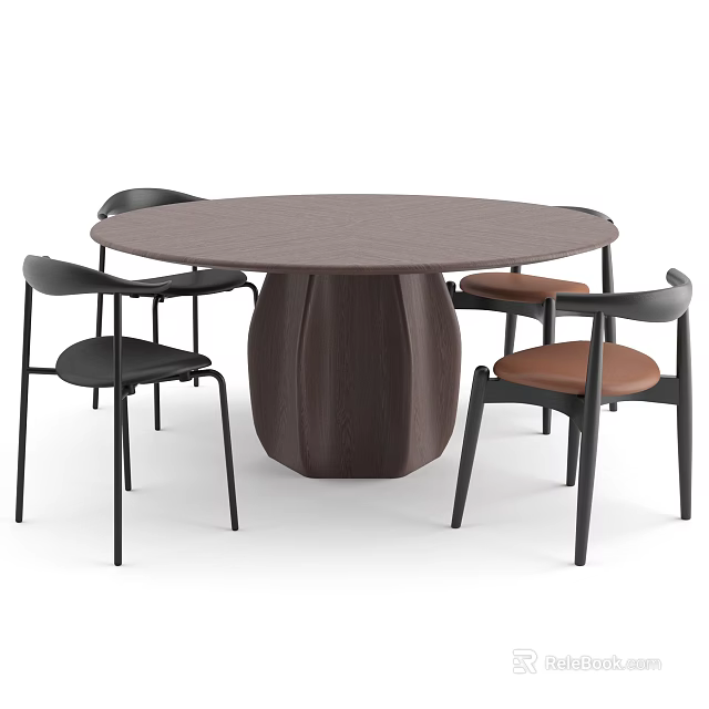 Modern Round Brown Dining Table With Textured Base And Black Frame Chairs Set 3d model 