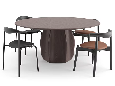 Modern Round Brown Dining Table With Textured Base And Black Frame Chairs Set 3d model