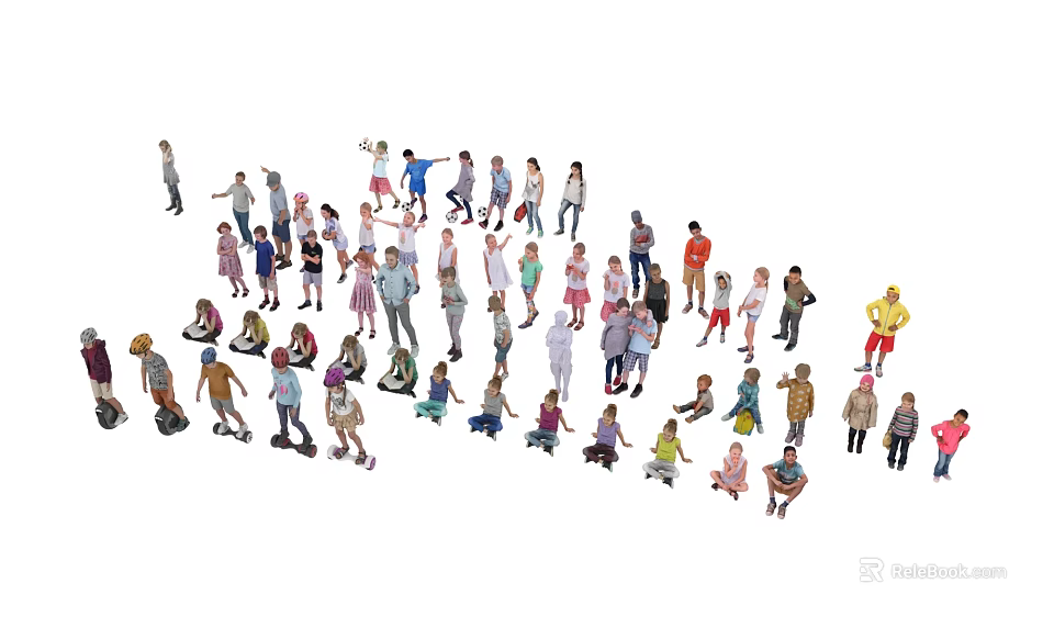 Group of People in Various Poses and Actions with Different Clothing and Postures 3d model 