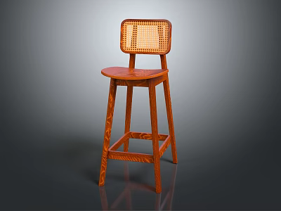 Warm Brown Wooden Bar Stool with Woven Rattan Backrest and Decorative Carved Legs 3d model